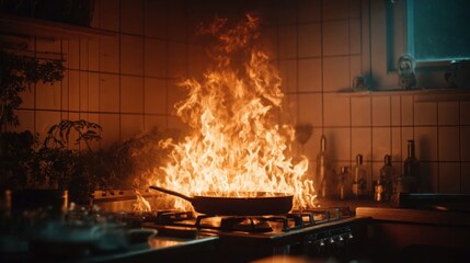 Kitchen fire caused by frying pan igniting oil during cooking at night
