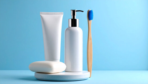 Toothbrush, toothpaste and soap on light blue background, clean beauty concept