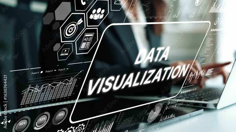 Poster business professional engaged in data visualization with modern digital graphics in a modern office 