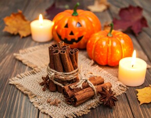 Festive Halloween Pumpkins with Cinnamon Sticks and Autumn Leaves on Rustic Wooden Surface