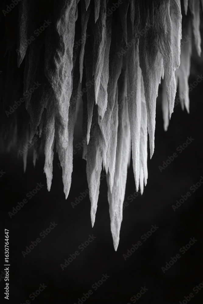 Poster dramatic monochrome image featuring pointed, textured forms descending from darkness, creating a sen