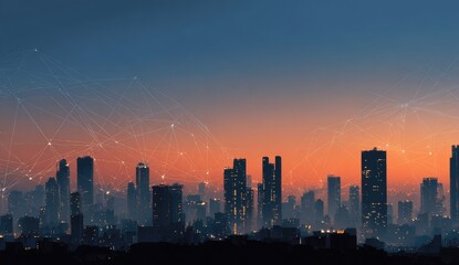 Obraz premium City skyline at dawn with interconnected network
