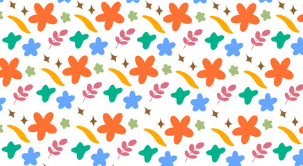 Colorful Floral Pattern Design: Seamless Background with Flowers, Leaves, and Stars for Textile, Fabric, Wallpaper, Scrapbooking, and Wrapping Paper
