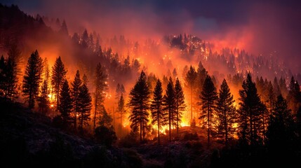 Wildfire spreads rapidly through forested mountains during twilight hours