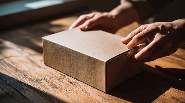Person unpacking a cardboard box on wooden table in natural light  