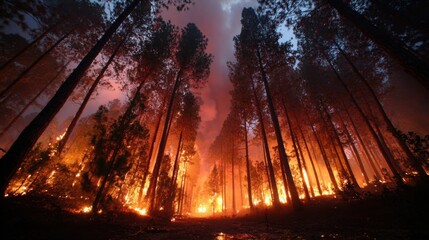 Forest fire engulfs trees and landscape during dusk near mountainous area