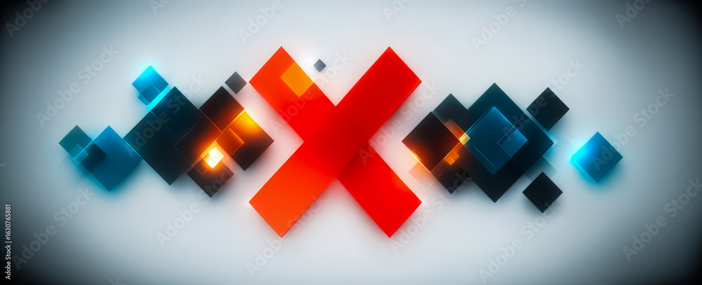 Poster colorful image of an x made of squares and triangles. the x is red and orange. the image is abstract