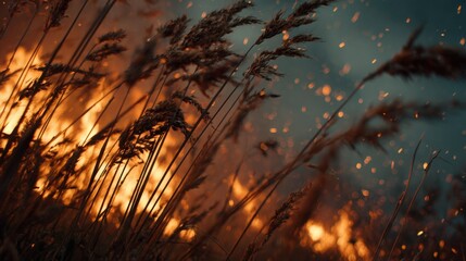 Wildfire engulfs tall grass, creating a dramatic display of flames and embers during evening hours