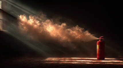 Fire extinguisher releasing foam in a dimly lit room with sunlight streaming through a window