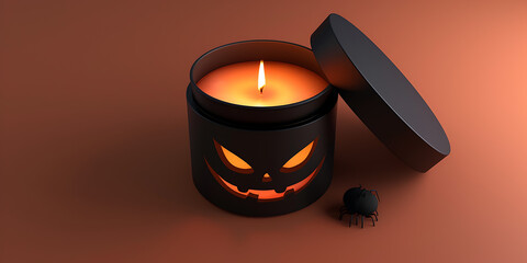 Halloween candle with jack-o-lantern face and lid off
