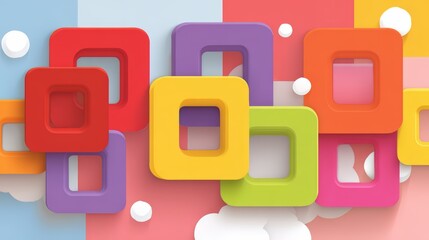 Colorful wall of squares with a white background. The squares are in various colors and sizes