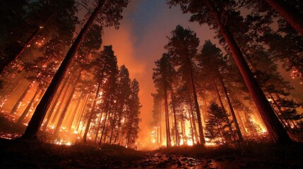 Fierce wildfire engulfs forest with roaring flames and glowing embers at night