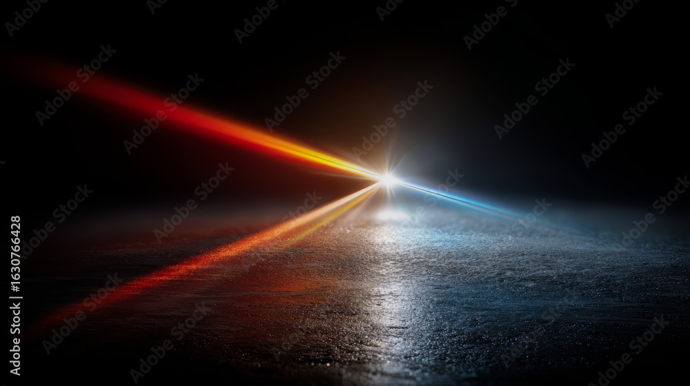 Poster dark, empty road with a bright light shining on it. the light is creating a rainbow effect on the gr