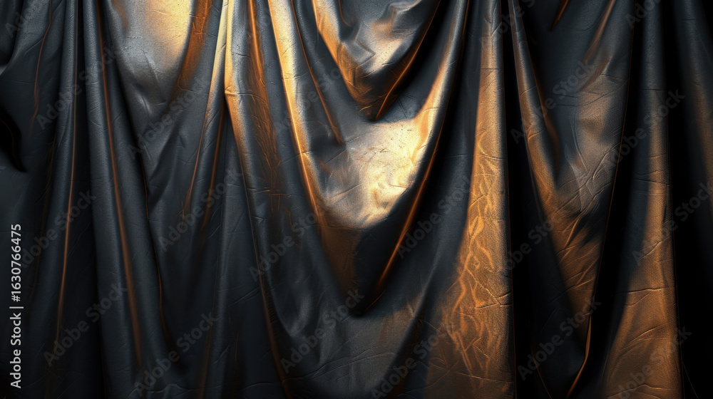 Poster shadowy curtain texture background in rich black with subtle highlights, creating dramatic and elega