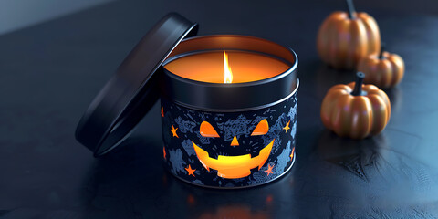 Halloween candle with jack-o-lantern and pumpkins
