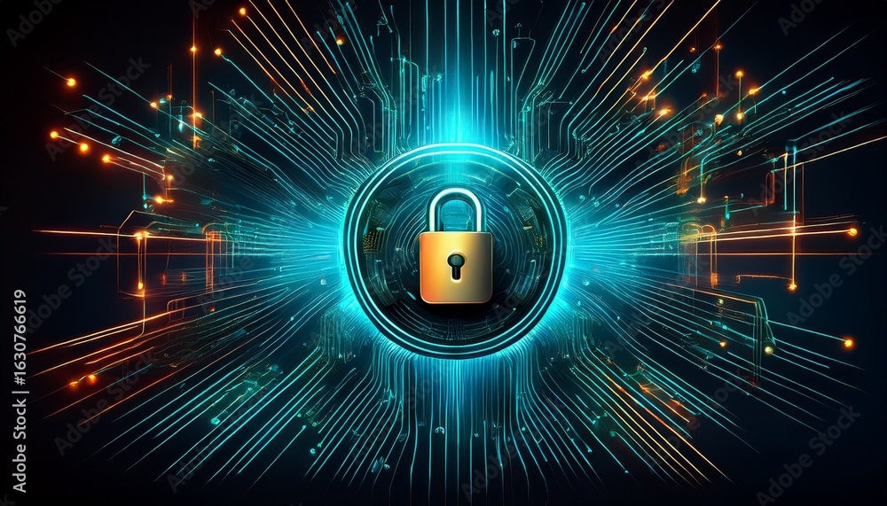 Poster ai driven cybersecurity concept with digital lock symbol