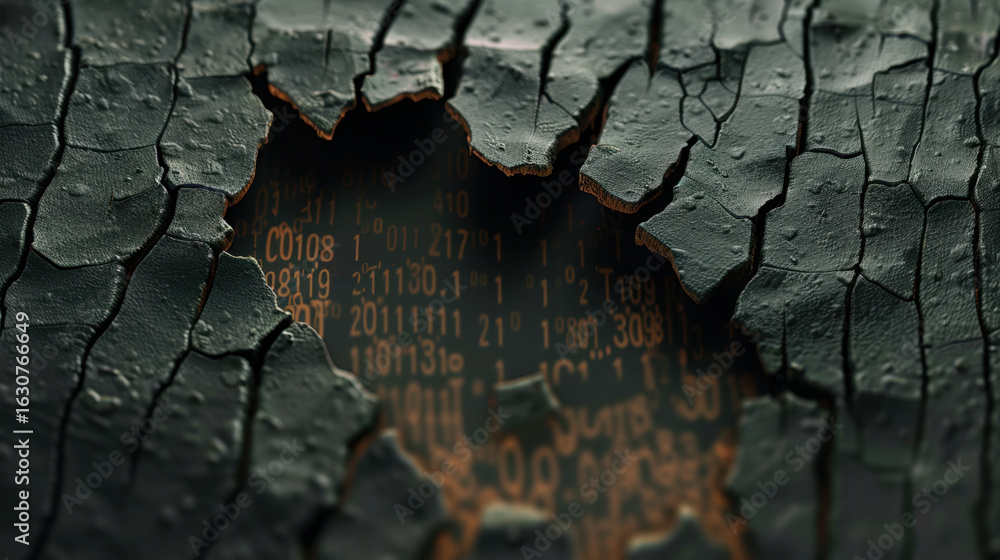 Poster cracked surface revealing binary code underneath, symbolizing digital decay and technology fragility