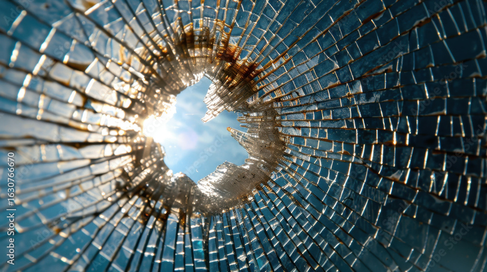 Aufkleber shattered glass with circular hole reveals bright sunlight streaming through, creating striking cont