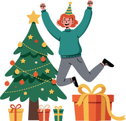 Obraz premium Happy person jumping near decorated Christmas tree with gift boxes celebration vector 
