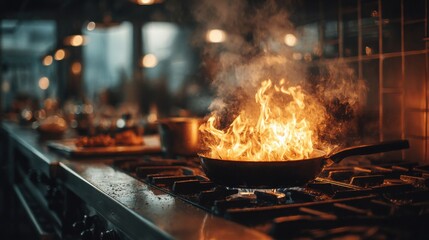 Cooking with flames in a bustling restaurant kitchen during evening service