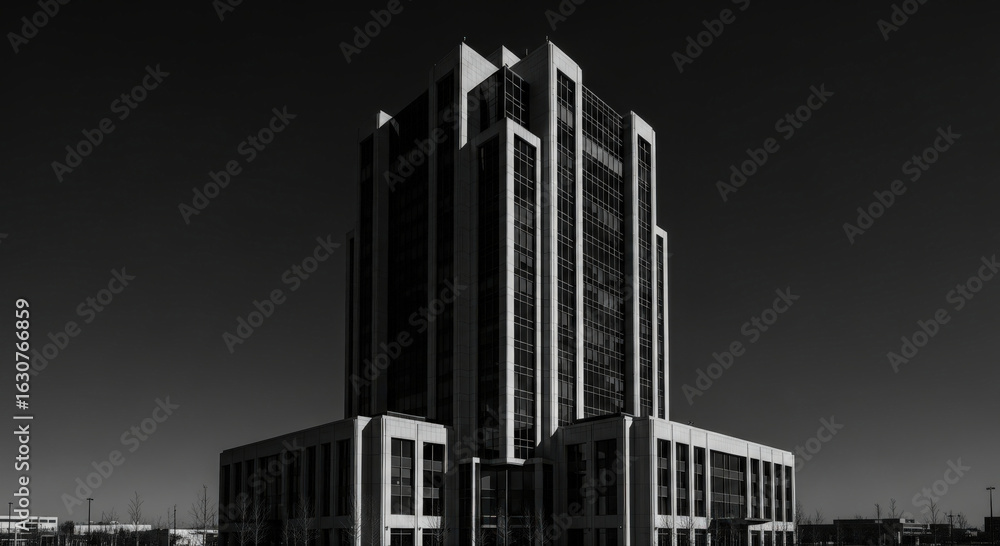 Poster an imposing skyscraper dominates the frame in black and white, symbolizing strength and modern archi