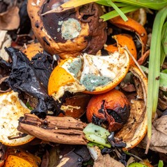 Decomposed Citrus Peel with Mold on a Ground Surrounded by Decay Environment