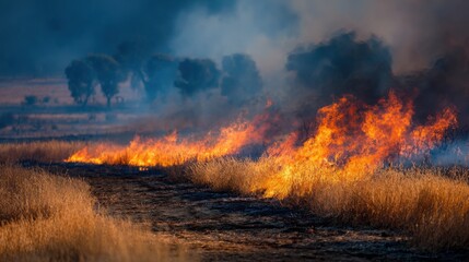 Wildfire spreads rapidly across dry grassland in a rural area during daylight hours