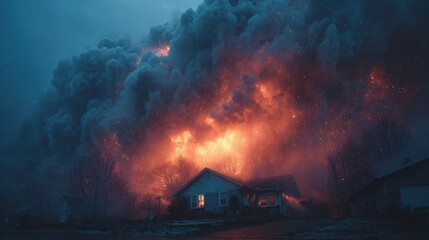 Fire engulfs house as thick smoke and flames light up the night sky in a rural area