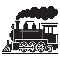 Vintage steam train locomotive silhouette isolated on white background, representing classic railroad transportation, industrial power, and nostalgic travel journey
