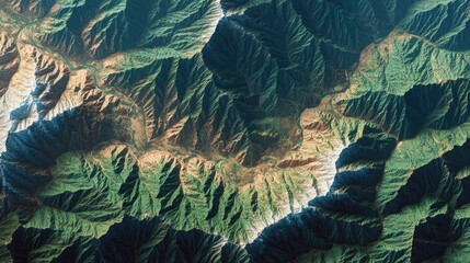 Top down Satellite view Aerial panorama of Earth captured by satellite featuring mountain ranges desert expanses and lush green forests