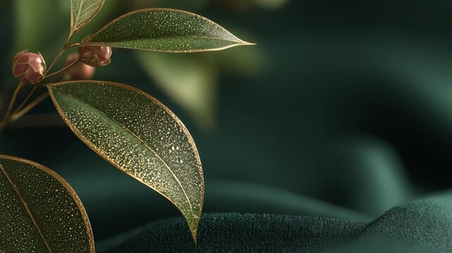 Leaf with gold spots on it is on a green background. The leaf is surrounded by a frame - Powered by Adobe