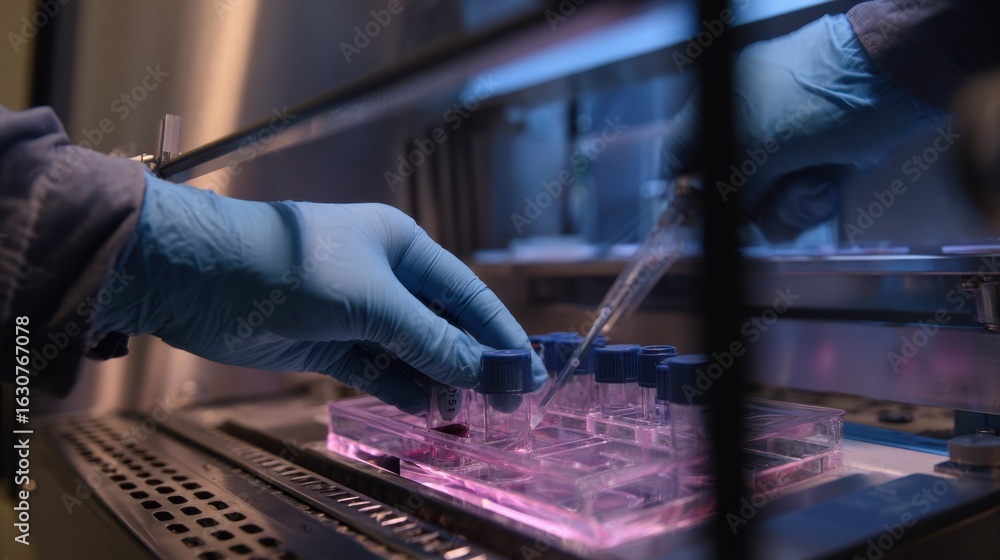 Aufkleber scientific hands manipulating lab instruments to study microbial resilience and adaptability on simu