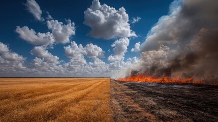 Contrast of lush golden fields and raging wildfire against a dramatic sky