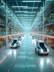 Obraz premium Futuristic smart warehouse with autonomous delivery vehicles navigating through automated aisles — representing next-generation logistics, robotics, and warehouse automation.