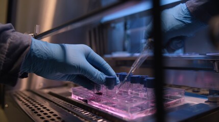 Scientific hands manipulating lab instruments to study microbial resilience and adaptability on simulated Martian soil in an advanced astrobiology research facility.