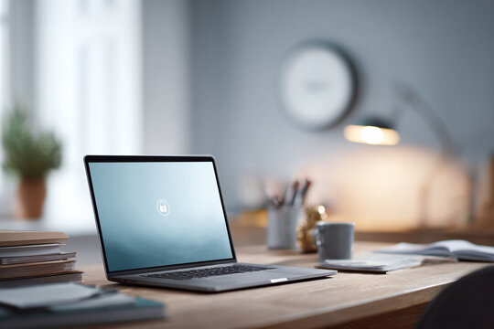 Modern workspace featuring a sleek laptop with a security lock on the screen, symbolizing online safety, data privacy, and digital security. Perfect for tech, business, or securityrelated themes.