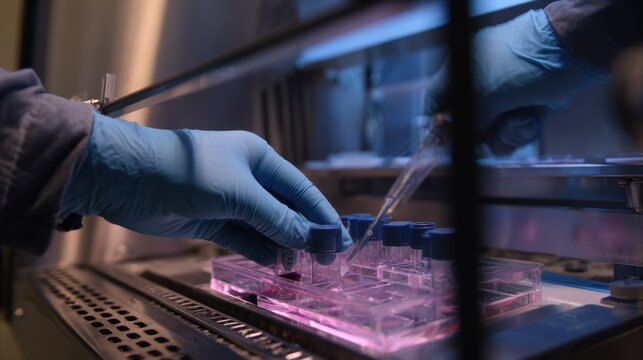 Scientific hands manipulating lab instruments to study microbial resilience and adaptability on simulated Martian soil in an advanced astrobiology research facility.