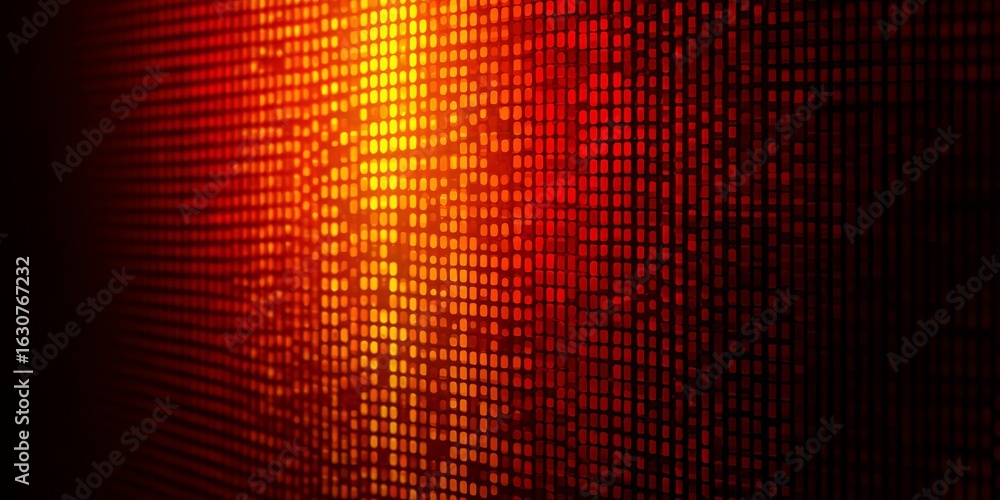 Poster red and orange background with a black and white pattern. the pattern is made up of small squares