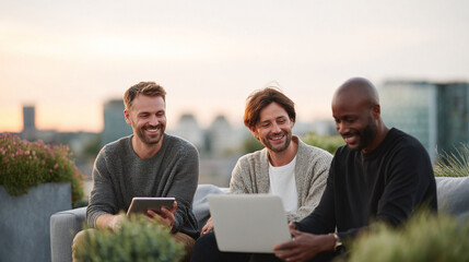 Diverse team enjoys rooftop collaboration. Three smiling colleagues work on a tablet and laptop against a skyline. Shows teamwork, success, and modern lifestyle.
