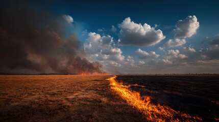 Wildfire consumes grassland under a dramatic sky during late afternoon