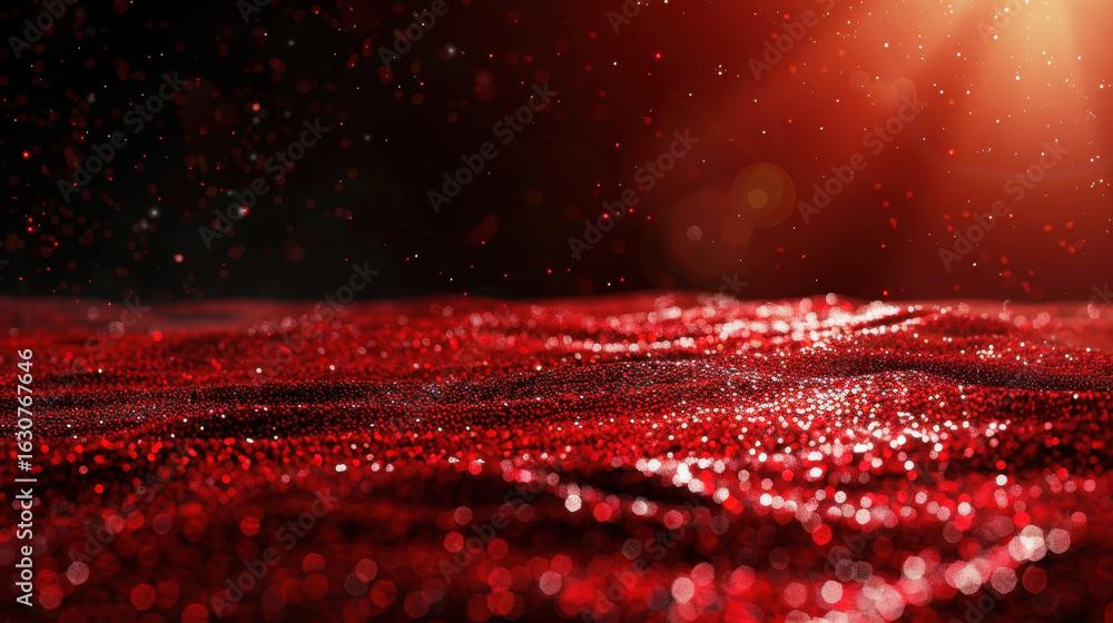 Poster shiny red glitter texture background with light flare creates mesmerizing visual effect, evoking fee