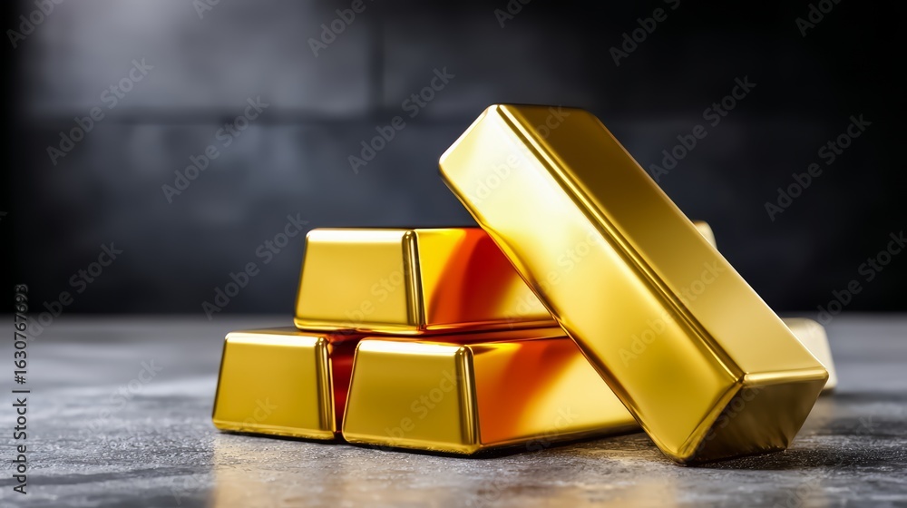 Poster stack of gold bars on a table. the bars are all the same size and color. concept of wealth and luxur