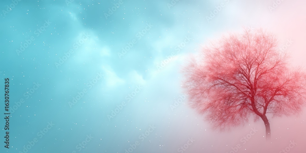 Aufkleber tree with red leaves is in front of a blue sky. the sky is cloudy and the tree is surrounded by snow