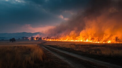 Wildfire engulfs grassland at dusk creating a dramatic landscape with smoke and flames