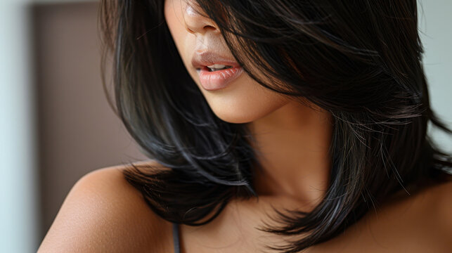 Soft, layered shoulder length hairstyle with side swept bangs, showcasing smooth, shiny hair. look exudes elegance and sophistication, perfect for various occasions