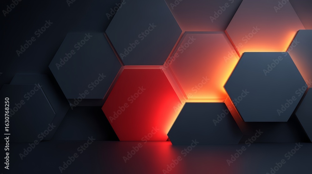 Poster black and red hexagon with a red light shining on it.