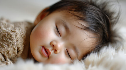 Baby is sleeping on a white blanket. The baby has brown hair and is wearing a brown sweater