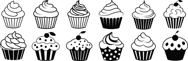 Cupcake sketch set, black and white dessert illustration, frosting swirl and topping variety, hand drawn pastry vector, cad drawing flat