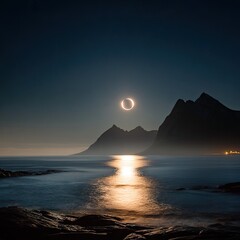 Naklejka premium Night moon eclipse over mountains
