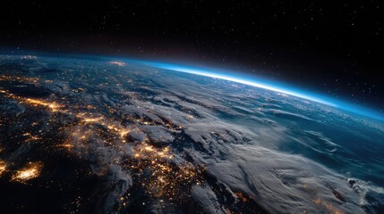 Satellite view Captivating view of Earth from a distant satellite revealing intricate cloud patterns and glowing city lights below